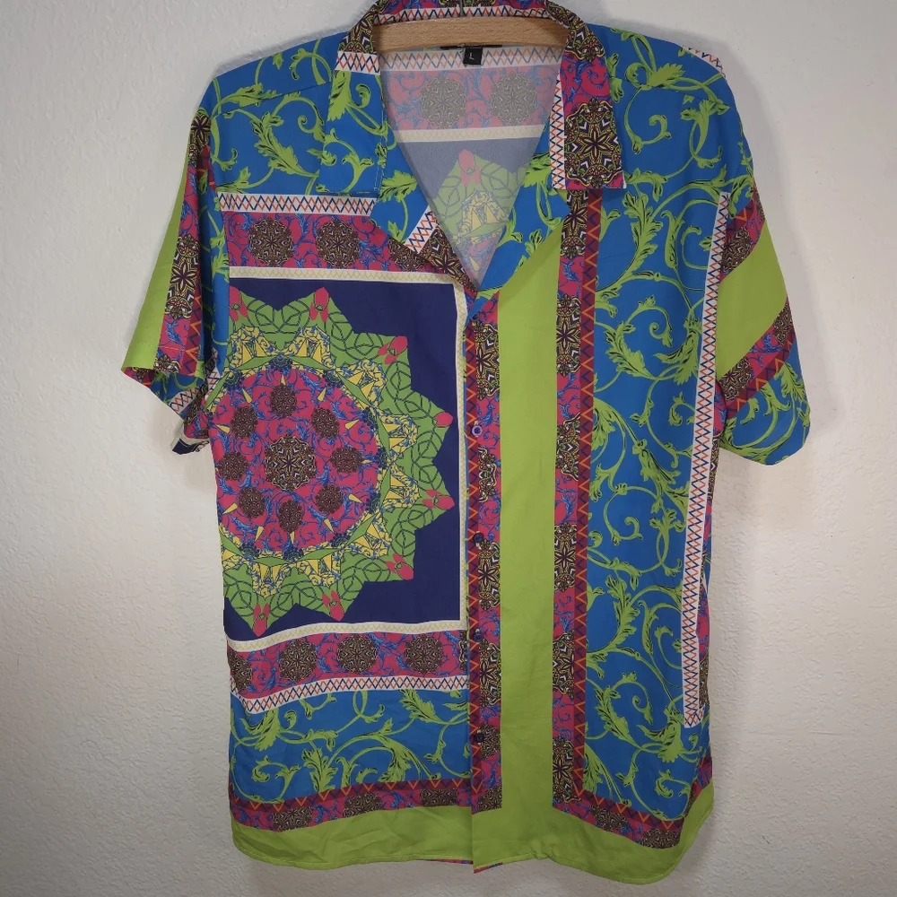 Mens Boohoo Size L Neon Green Blue Hawaiian Paisley T Shirt Short Sleeves Button - Picture 1 of 15